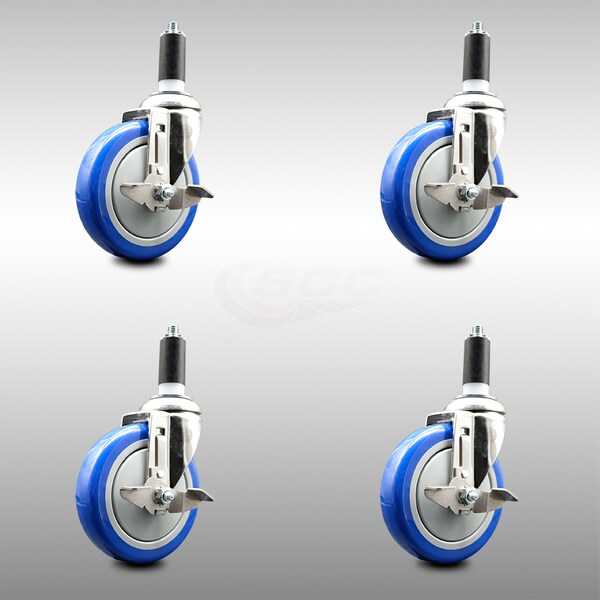 Service Caster 5 Inch 316SS Blue Poly Swivel 1-1/4 Inch Expanding Stem Caster Set Brake SCC SCC-SS316EX20S514-PPUBBLUE-TLB-114-4 - main